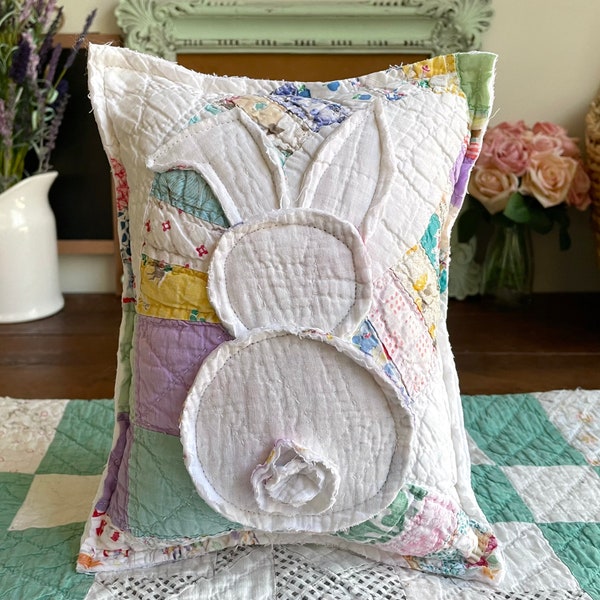 One Farmhouse Vintage Antique repurposed quilt applique bunny pillow / rabbit / home decor/ Easter