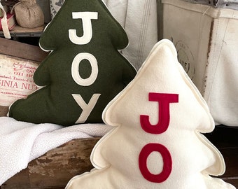 MADE TO ORDER 22" Vintage Wool Christmas Tree Joy Pillow ,Cottagecore, Repurposed, Farmhouse, Christmas Decor,