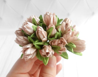 Beige small faux flowers for DIY headbands Fake flowers floral crown Artificial fabric flowers Wholesale craft flowers 20 mini tulips
