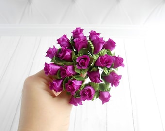 Magenta 20 mini faux roses for DIY headbands Artificial flowers for crown Fake small fabric flowers Wholesale craft flowers Silk roses