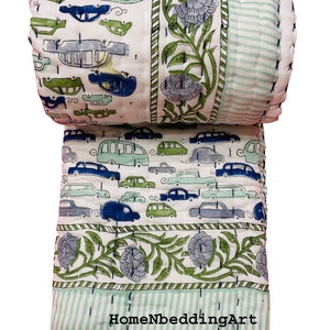 Handmade Indian Block Print Cotton Baby Quilt: Animal Pattern Bedding