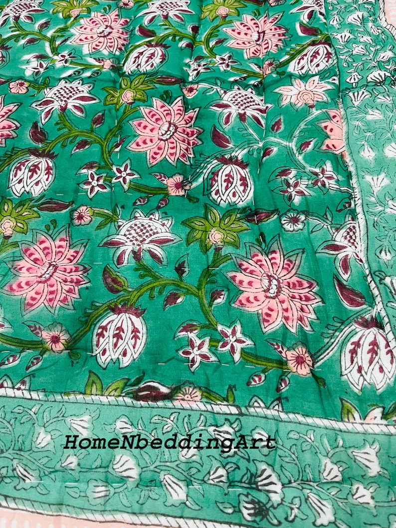 Hand Block Print Quilt Floral Dark Base Green Colour Soft Etsy