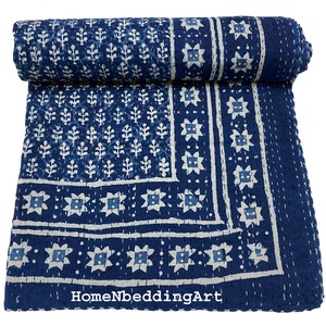Handmade Indigo Kantha Quilt: Bohemian Cotton Bedspread (88x106 Inch)