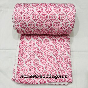 Pink Handmade Cotton Kantha Quilt Jaipuri Cotton Pink Quilt Rajai Kantha Bedspread Blanket Kantha Throw