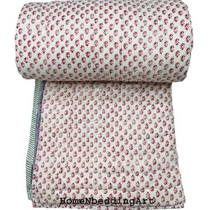 Hand Block Printed Cotton Quilt: Red Floral Jaipuri Razai