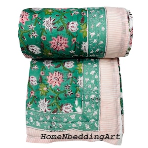 Hand Block Print Cotton Quilt: Floral Green Bedspread