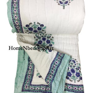 Hand Block Print Cotton Quilt: Reversible Indian Kantha Throw