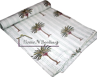 Couvre-lit imprimé palmier fait main, literie kantha, couvre-lit kantha, couvre-lit kantha, couvre-lit en coton naturel, couvre-lit, couverture, parure de lit