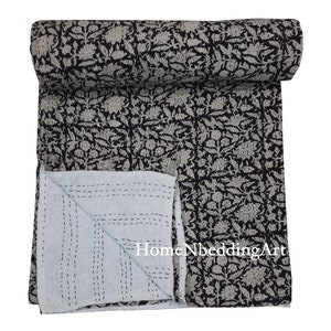Black Floral Kantha Quilt: Hand Block Print Cotton Bedspread