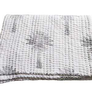 Plam Tree Hand Block Printed 100% Pure Cotton Kantha Quilt Throw BedCover Blanket Hand Made Cotton Kantha Quilt
