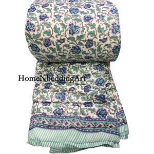 Handmade Floral Print Kantha Quilt: Reversible Indian Block Print Blanket