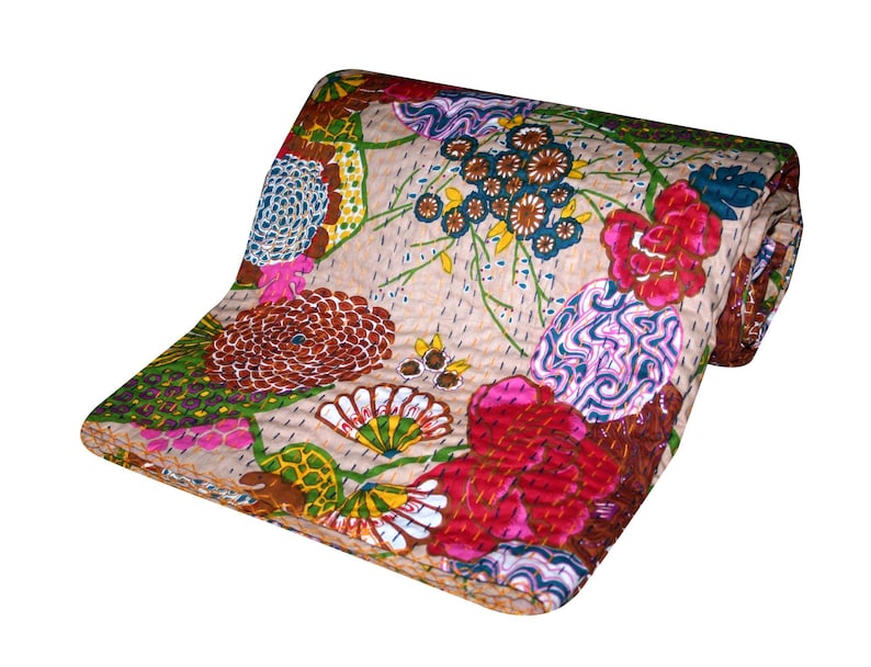 Handmade Floral Fruit Kantha Quilt Kantha Bedspread Kantha Blanket BedCover Pure Cotton Kantha Throw Bed Cover