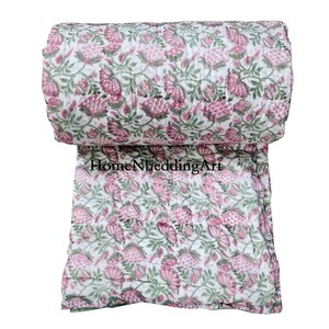 Reversible Floral Quilt: Hand Block Print Jaipuri Cotton Bedspread