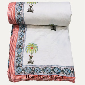 Hand Block Print Cotton Kantha Quilt: Lightweight Jaipuri Razai