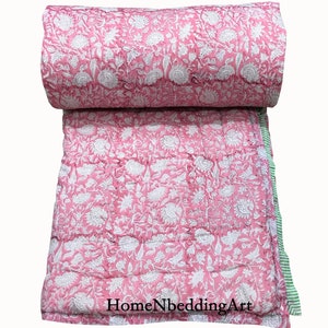 Handmade Indian Cotton Quilt: Jaipuri Floral Kantha Razai