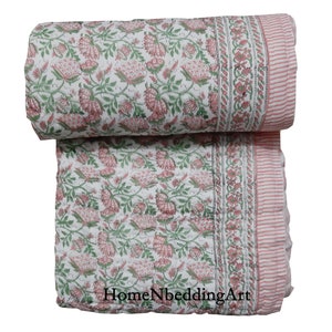 Hand Block Print Cotton Quilt: Reversible Floral Bedspread