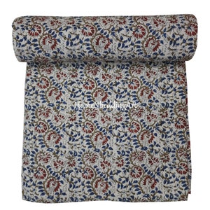 Handmade Floral Kantha Quilt: Vintage Jaipuri Cotton Bedspread (88x106 INCH)
