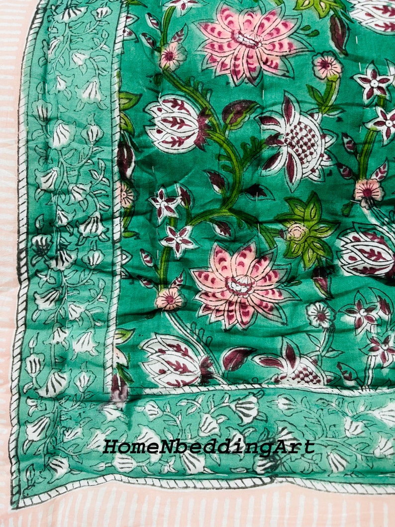 Hand Block Print Quilt Floral Dark Base Green Colour Soft Etsy
