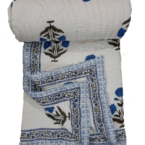 Indian Hand Block Print Cotton Quilts Kantha Floral Quilt Etsy