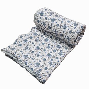 Handmade Floral Print Cotton Kantha Quilt: Reversible Throw Blanket