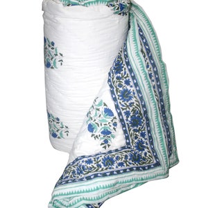 Floral Hand Block Print Cotton Quilt: Reversible Jaipur Razai