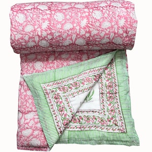 Hand Block Printed Cotton Quilt: Reversible Floral Bedding