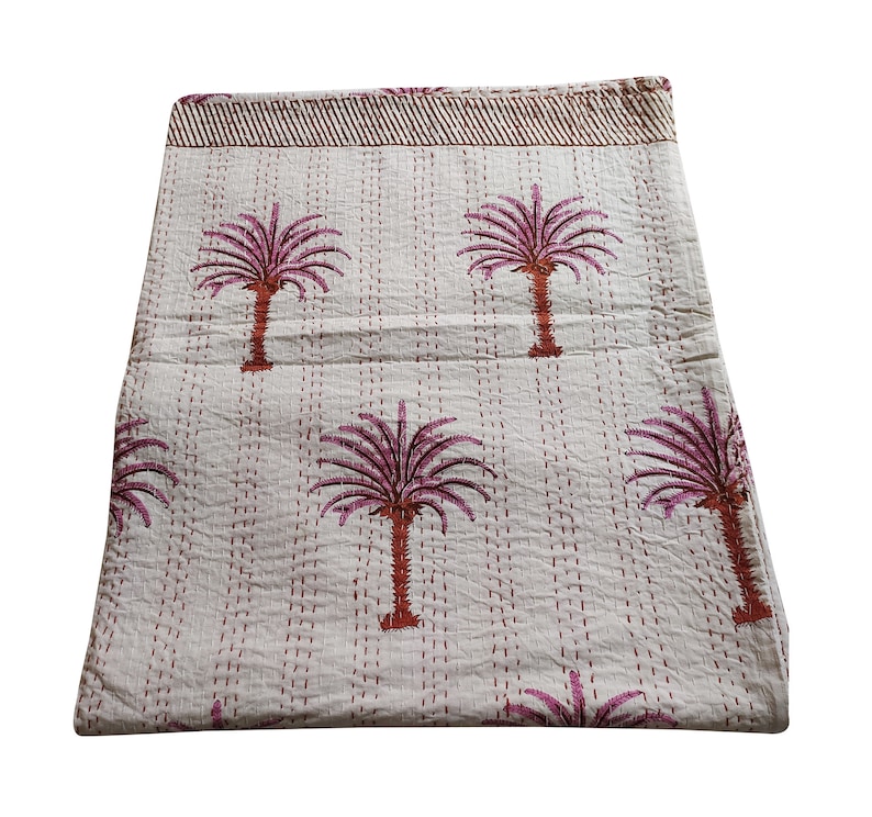 Pink Kantha Quilt Palm Tree Etsy