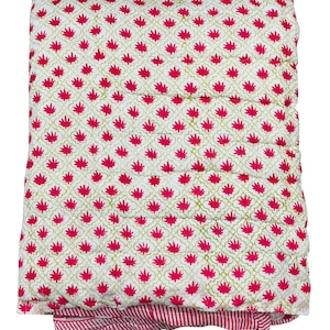 Red Floral Hand Block Printed Cotton Quilt: Lightweight Summer Bedspread