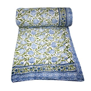 Floral Hand Block Printed Kantha Quilt: Organic Cotton Throw