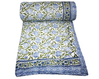 Floral Hand Block Printed Kantha Quilt: Organic Cotton Throw