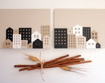 Set decoratieve houten wandframes met skyline van huizen