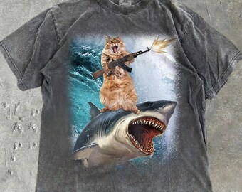 Epic Cat Riding Shark Comfort Colors® Shirt Funny Action Hero Meme Tee Gun Ak47 Tabby Ocean Wave Graphic Gift for Him