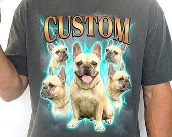 Custom Pet Shirt Comfort Colors Vintage 90s Bootleg Pet Tshirt Pet Photo + Name Dog Cat Face Portrait Personalized T-Shirt Custom Pet Gifts