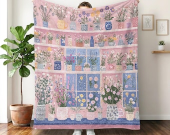 Różowy koc z motywem kwiatowym i botanicznym, wystrój domu Cottagecore