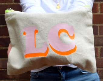 Neon canvas makeup and  jewellery pouch - Personalised, initials, bridesmaid