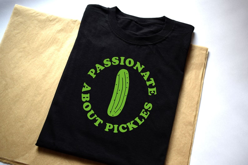 Black Passionate about pickles T-shirt, pickle lover, neon, green, typography, graphic design, logo, gherkin, text t-shirt, font image 1