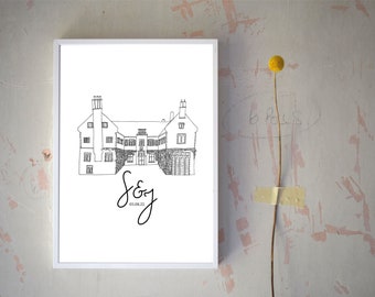 Wedding venue illustration, Black and white print, home illustration, first date anniversary, wedding gift