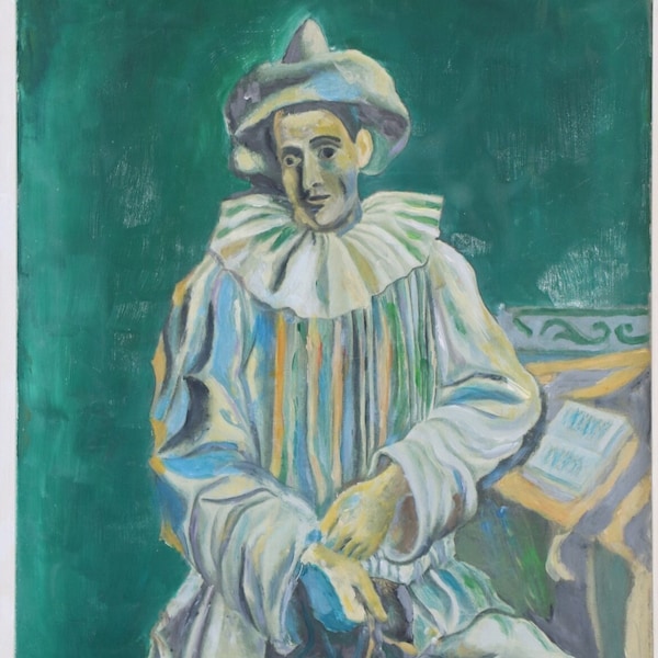 Werk nach Pablo Picasso "Sitzender Pierrot" 1881 v. Franz Hanfstaengel München 52 x 43 cm, Holzrahmen 58 x 48 cm, handcoloriert in Goauche