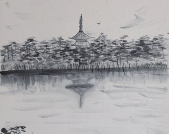 Dessin original de Naguchi Akiko "Le Pavillon" - encre sur carton 24 x 27 cm de 1962