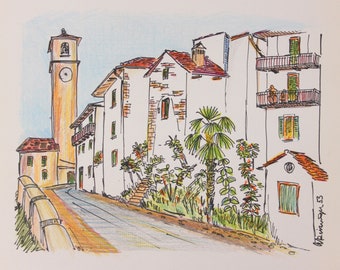 May include: A hand-drawn illustration of a quaint European village with a tall clock tower, white buildings, and palm trees. The buildings have red tile roofs and are lined up along a cobblestone street. The illustration is done in a colorful style with a light blue sky in the background.