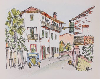 May include: A hand-drawn illustration of a vintage car parked in front of a white building with a red tile roof. The building has multiple windows and balconies. The scene is set in a narrow street with a brick wall on the right side.