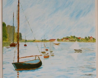 Original painting after Gustave Caillebotte &quot;Boats on the Seine&quot; from 1892 - oil and gouache, approx. 40 x 55 cm, framed - by Runkersraith 1995