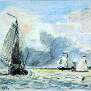 Johan Jongkind: „Duńskie łodzie rybackie” Faksymile litografii z 1870 r., ręcznie kolorowane 21 x 30 cm