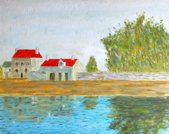 Huile sur toile, 50 x 60 cm, tableau original d&#39;après Alfred Sisley : &quot;Vue à Saint-Mammès&quot;