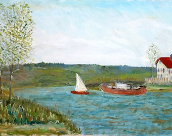 Peinture originale d'après Alfred Sisley - A la Rive gauche en Argenteuil - par C.V.Sierra - gouache sur toile 40 x 50 cm