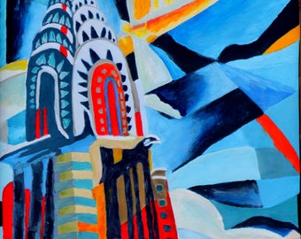 Peinture originale de Runkersraith - Chrysler Building Neal Caffrey de White Collar, huile et gouache sur toile 84 x 55 cm