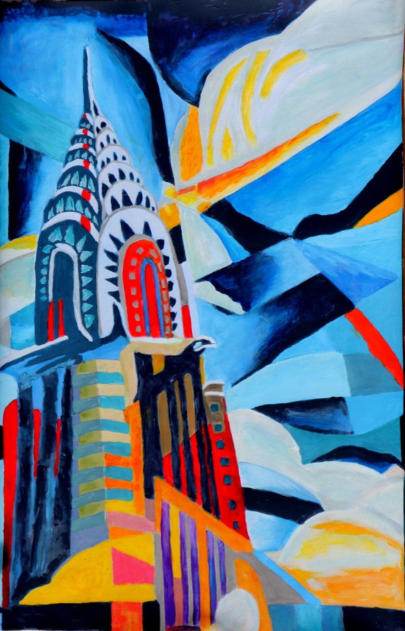 Peinture originale de Runkersraith Chrysler Building Neal Caffrey de White Collar, huile et gouache sur toile 84 x 55 cm image 1