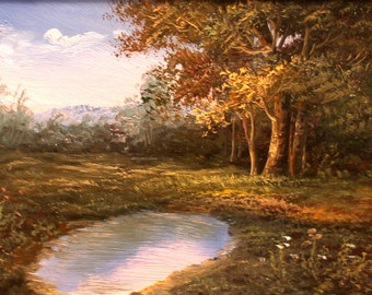 Peinture originale de Giorgio di Siena – Au lac des Bouleaux - huile sur bois 13 x 18 cm