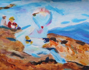 Peinture originale d&#39;après Joaquin Sorolla : « Instantané Biarritz » 20 x 30 cm - Gouache sur carton