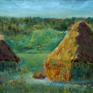 Original Gemälde nach Claude Monet: &quot;Heuschober in Abendstimmung&quot; &quot;Les Granges&quot; in Gouache auf Karton